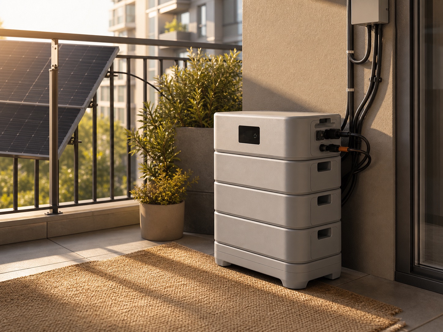 Lifelike stackable balcony battery storage unit beside rail-mounted solar panels and clean cable routing.