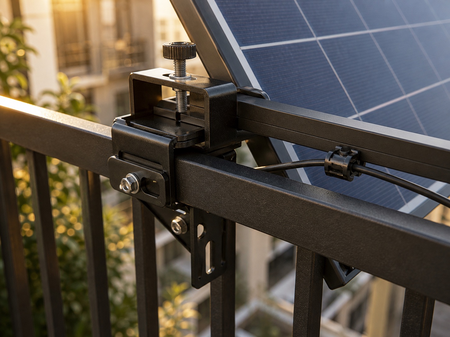 Lifelike close-up of no-drill clamp-style balcony solar mounting hardware holding a panel to a metal railing.