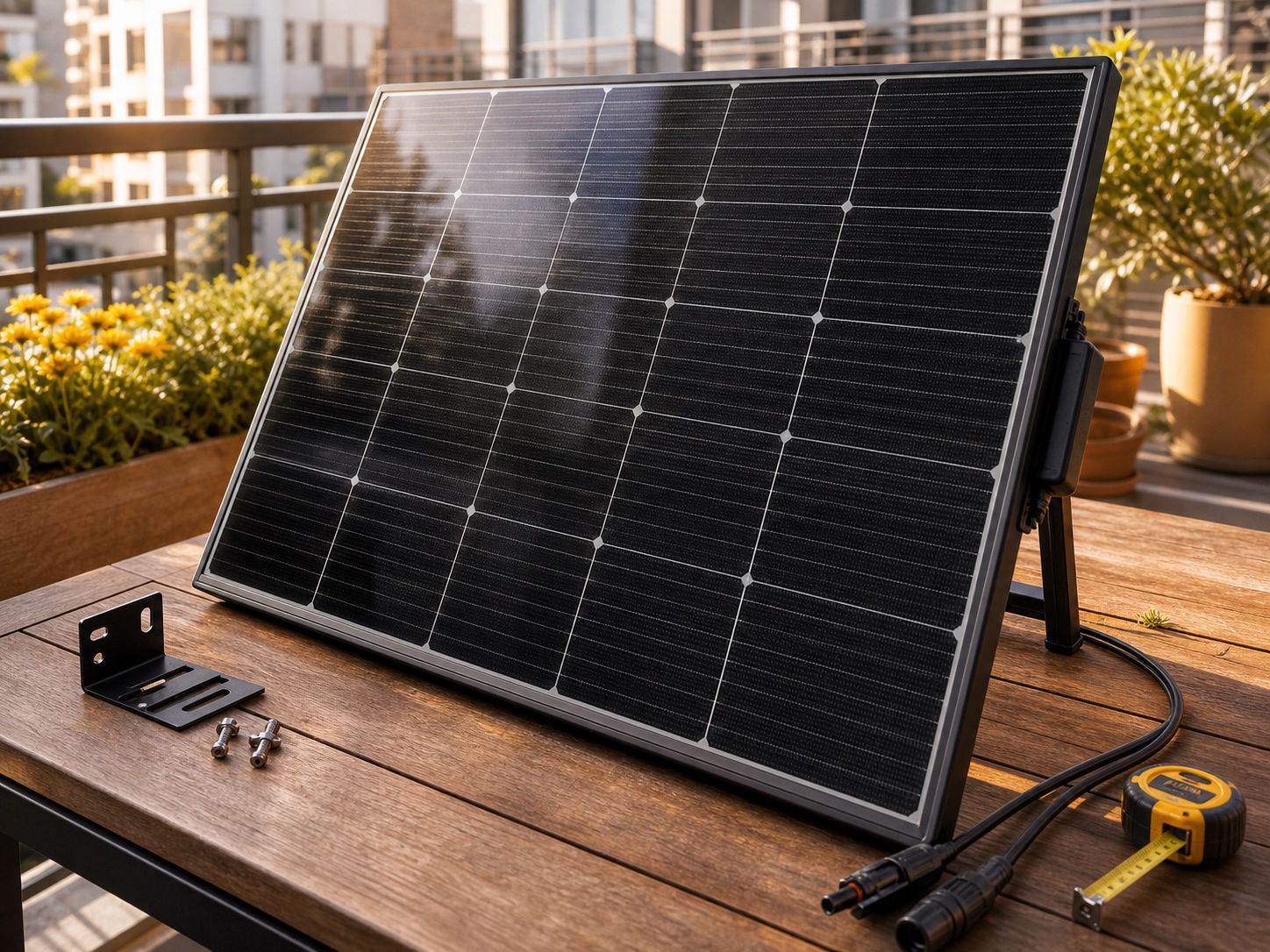 Lifelike compact rigid solar panel on a balcony workbench with MC4-style cables, brackets, and a measuring tape.